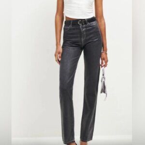 Reformation Cynthia High Rise Straight Long Jeans Glossy Black Button Fly
